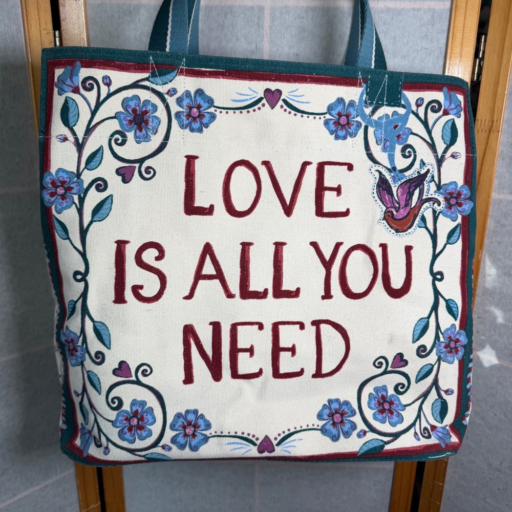 Brighton Bella Tile Canvas Tote Bag Large Teal Floral Love Is All You Need Heart